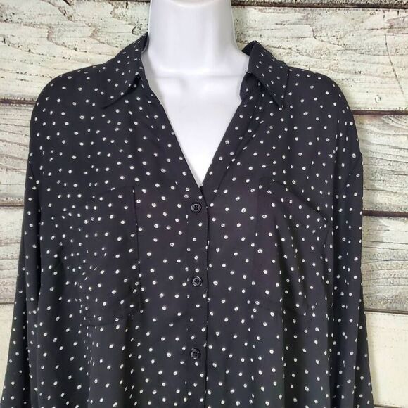 Maurices Women’s Blouse XL Black White Polka Dot Long Sleeve Button Front - Picture 2 of 8